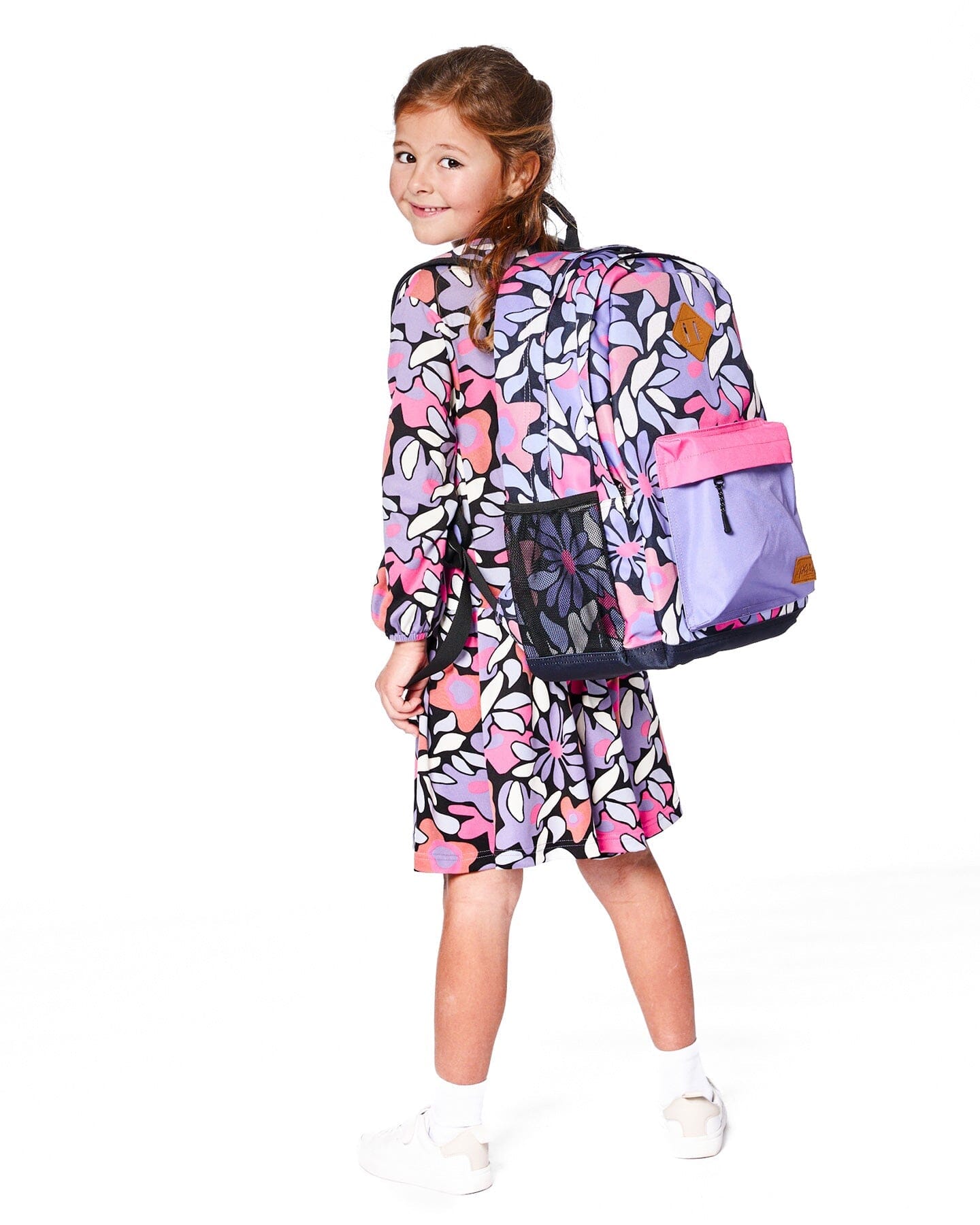 Kids Backpack Black Retro Flower Print-1