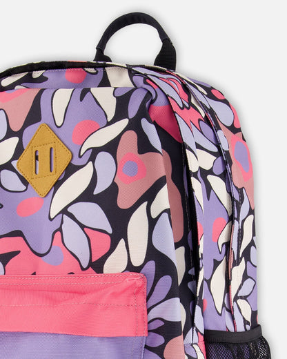 Kids Backpack Black Retro Flower Print-3